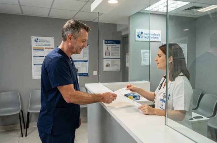 Infirmier déposant un dossier d'inscription au numéro Adeli dans un centre administratif de santé en France