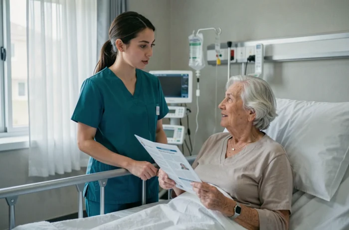 Enfermeira conversando com uma paciente idosa em um quarto de hospital, segurando um folheto de informação médica