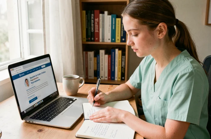 Infirmière prenant des notes sur les démarches pour obtenir le numéro Adeli devant son ordinateur portable à domicile
