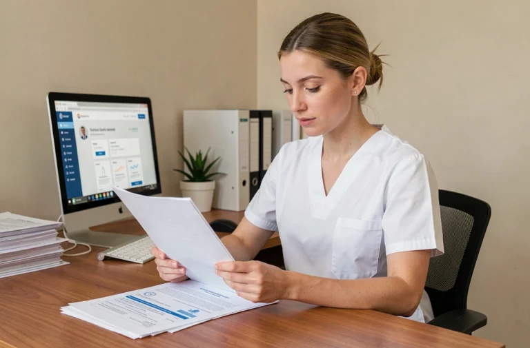 Infirmière en blouse blanche consultant des documents administratifs liés au numéro Adeli dans un bureau professionnel