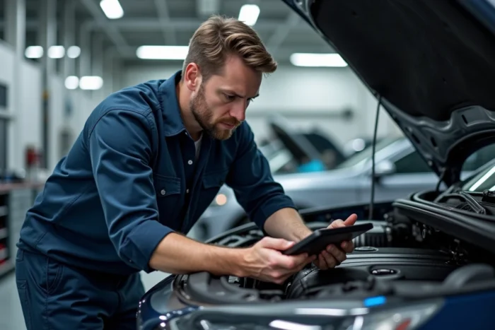 Ingénieur automobile masculin inspectant le moteur d'un SUV hybride dans un garage professionnel moderne