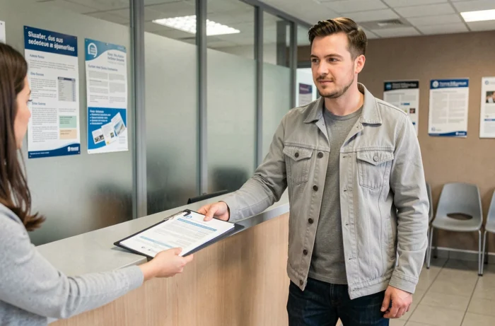 Homme déposant ses documents administratifs au guichet d'une agence Pôle emploi lors de sa première inscription