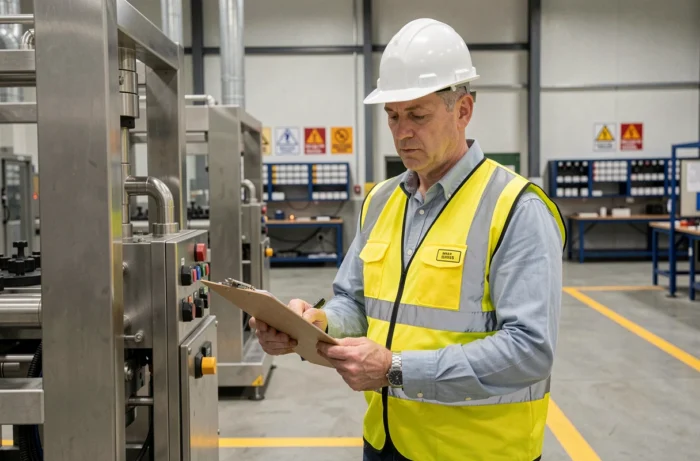 Inspecteur de sécurité industrielle en gilet jaune examinant des équipements dans une usine moderne