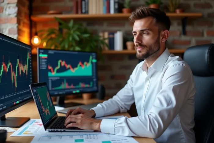 Homme analysant des graphiques de cryptomonnaies sur un ordinateur portable dans un bureau moderne
