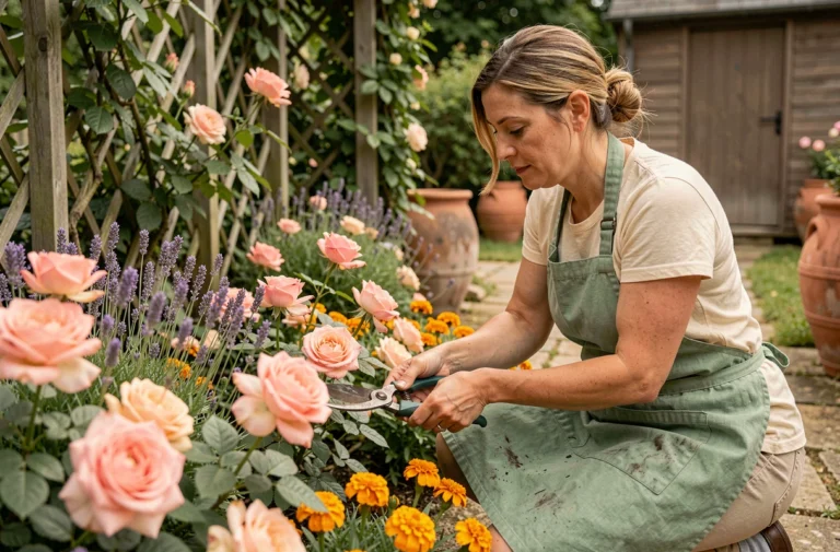 Femme jardinière entretenant des fleurs colorées dans un jardin français avec des roses, lavandes et soucis en pleine floraison