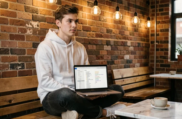 Junge Person, die eine XML-Sitemap auf einem Laptop in einem urbanen Café erkundet