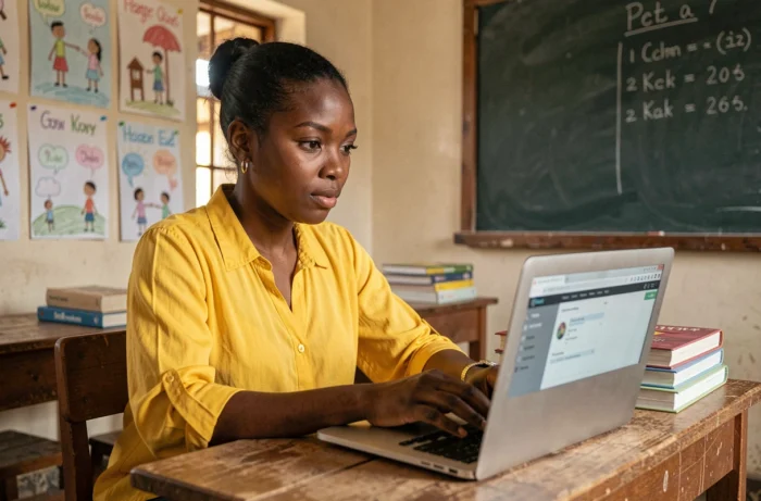 Une jeune femme africaine utilisant une plateforme éducative numérique comme Sankore sur un ordinateur portable dans une salle de classe en Afrique de l'Ouest
