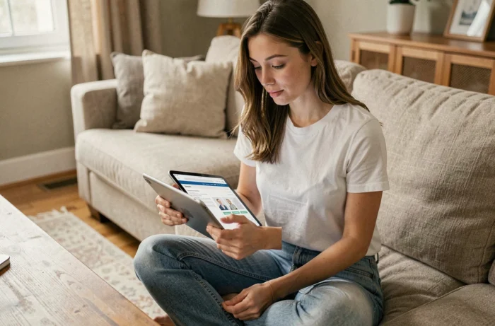 Jeune femme explorant un plan de site sur une tablette depuis son canapé pour faciliter la navigation web