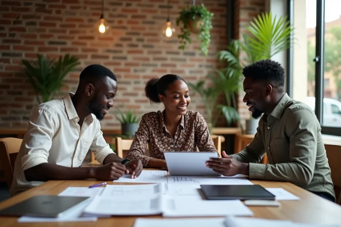 Jeunes professionnels ivoiriens collaborant sur un plan d'affaires dans un espace de coworking moderne à Cocody, Abidjan