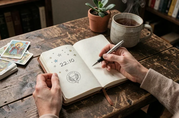 Journal intime ouvert avec l'heure miroir 22h10 notée à la main, symboles ésotériques et connexion flamme jumelle