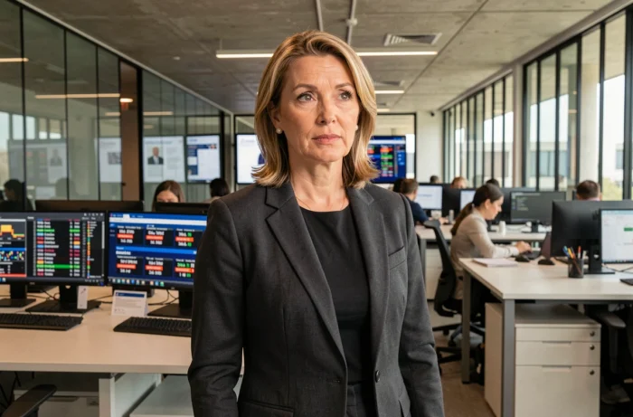 Jornalista mulher em uma sala de redação moderna, evocando a carreira e os rendimentos de uma grande apresentadora da RMC