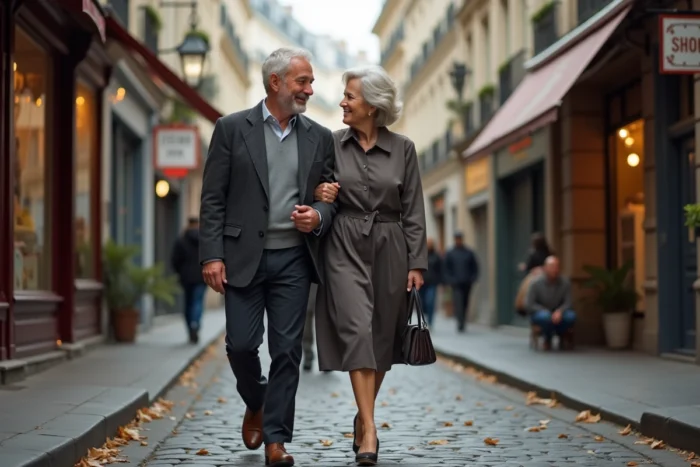 Couple élégant et discret se promenant dans les rues de Paris, illustrant la vie privée de Laurent Neumann et son épouse