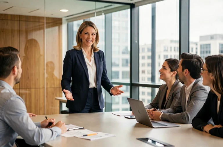 Femme leader en blazer marine animant une réunion d'équipe dans un bureau moderne avec baies vitrées