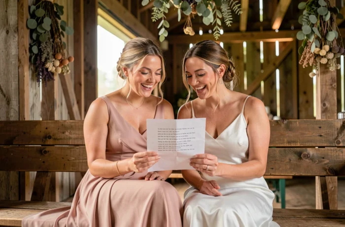 Deux femmes partagent et lisent un poème de mariage dans une grange rustique décorée d'eucalyptus avant la cérémonie