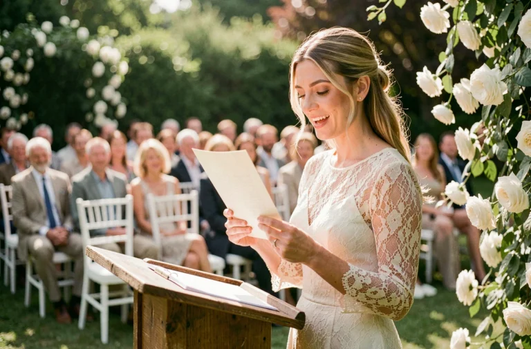 Femme en robe de dentelle ivoire lisant un texte de mariage à un pupitre en bois dans un jardin fleuri lors d'une cérémonie en plein air