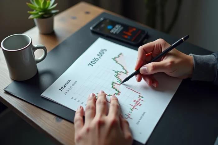 Mains d'un investisseur analysant des graphiques Ethereum imprimés et une application de trading mobile
