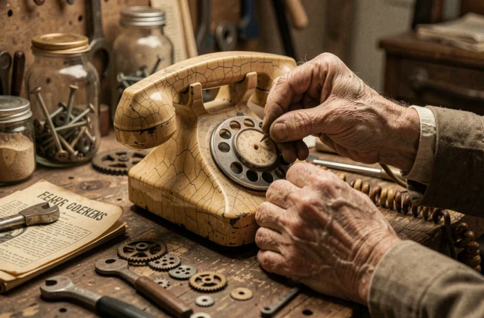 Mani esperte che restaurano un telefono in Bakelite vintage su un banco di lavoro d'epoca