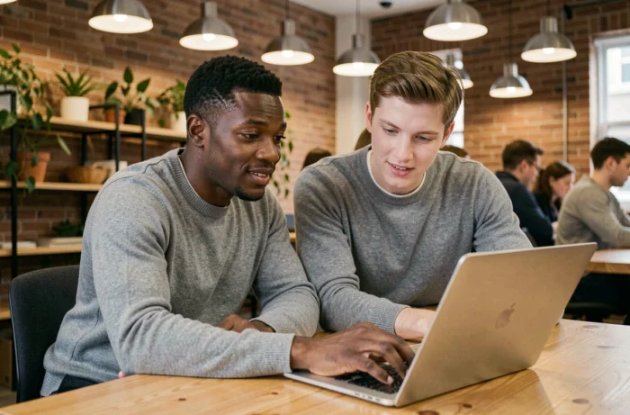 Manager en train de coacher un jeune collègue devant un ordinateur portable dans un espace de coworking