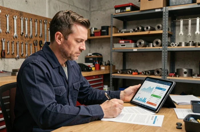 Mécanicien professionnel consultant des documents financiers sur tablette dans un atelier automobile moderne