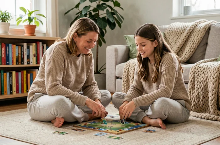 Mãe e filha adolescente jogando juntas em um jogo de tabuleiro em um tapete em uma sala de estar familiar aconchegante