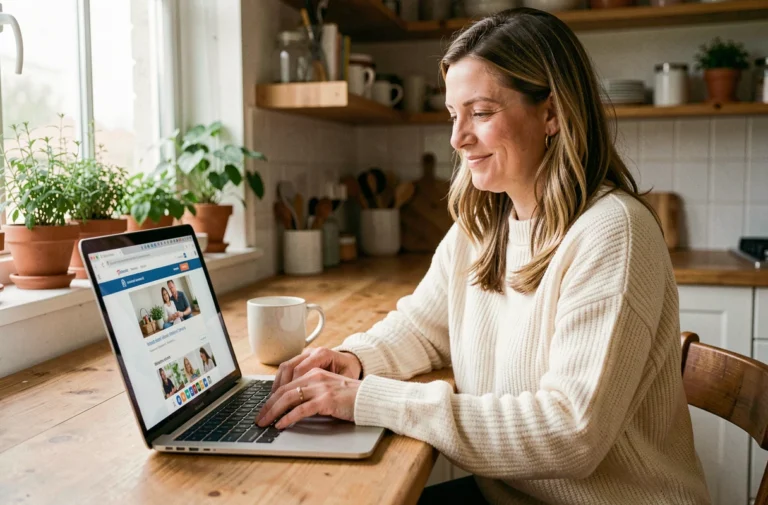 Mère de famille naviguant facilement sur un blog parental depuis son ordinateur portable dans une cuisine chaleureuse