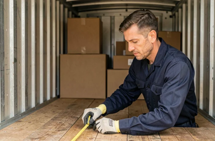 Déménageur mesurant l'espace intérieur d'un camion 10m3 avec un mètre ruban, illustrant les dimensions réelles du véhicule