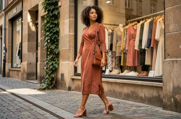 Jeune femme en robe midi terracotta devant une vitrine de boutique de mode tendance dans une rue pavée