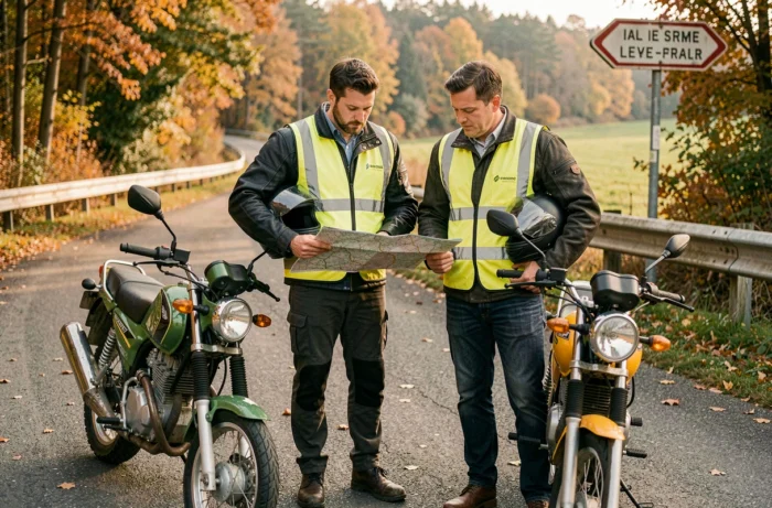 Deux motards avec des motos 125cc consultant une carte sur une route de campagne française en automne