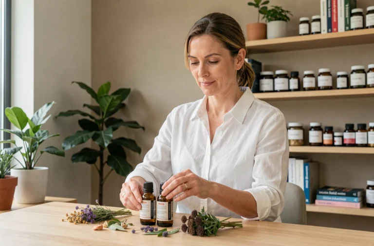 Naturopathe professionnelle préparant des solutions naturelles à base d'huiles essentielles et de plantes médicinales dans un cabinet de consultation moderne et minimaliste