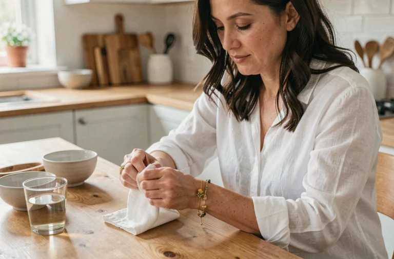 Femme nettoyant un bracelet en or végétal artisanal avec un chiffon doux sur une table en bois dans une cuisine minimaliste