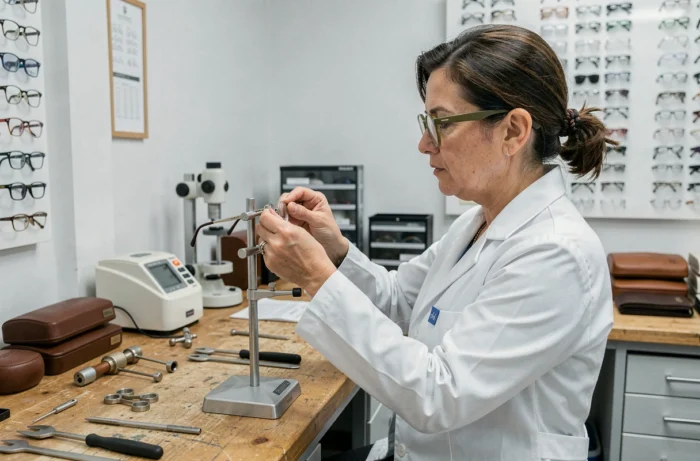 Opticienne professionnelle ajustant des lunettes dans un atelier optique spécialisé