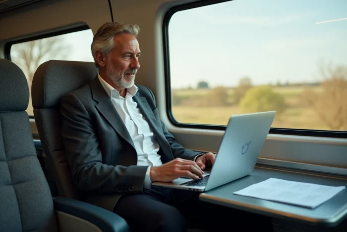 Passager en TGV travaillant sur ordinateur portable lors d'un trajet France-Angleterre