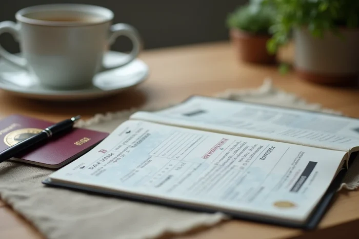 Passeport ouvert sur la page biographique posé sur une table en bois avec une carte d'embarquement
