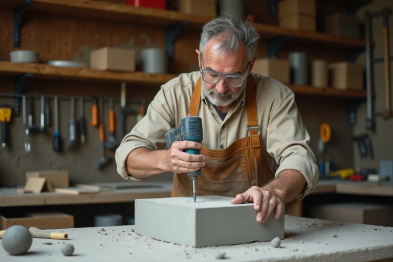 Artisan perçant un bloc de béton cellulaire avec une perceuse sur un établi d'atelier