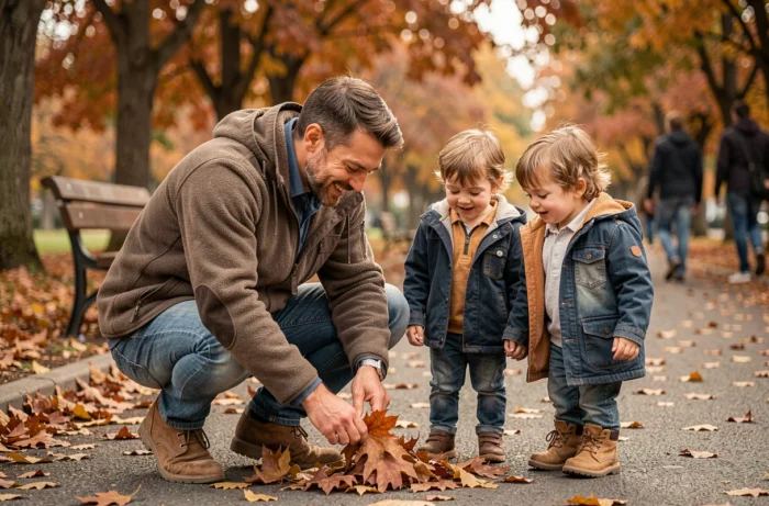 Pai e filhos explorando um parque no outono, coletando folhas coloridas durante uma saída familiar ao ar livre