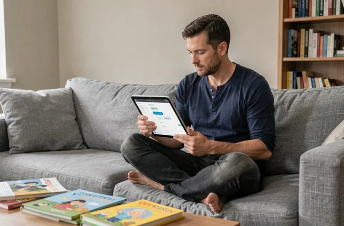 Père consultant le plan du site d'un blog parental sur une tablette dans le salon familial