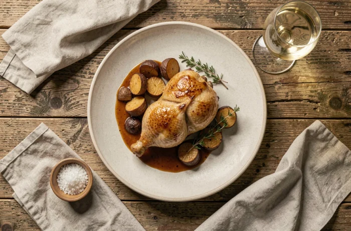 Vue aérienne d'un plat fait maison élégamment dressé avec poulet rôti et légumes racines sur une table en chêne