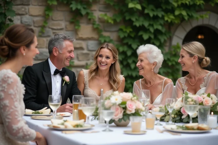 Portrait de famille multigénérationnelle réunie autour d'une table de réception de mariage décorée sur une terrasse en pierre