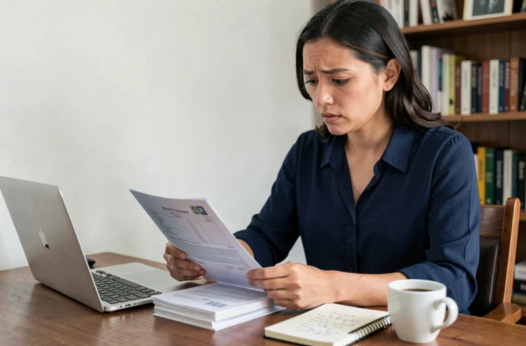 Jeune femme consultant ses documents administratifs pour une première inscription à Pôle emploi depuis son bureau à domicile