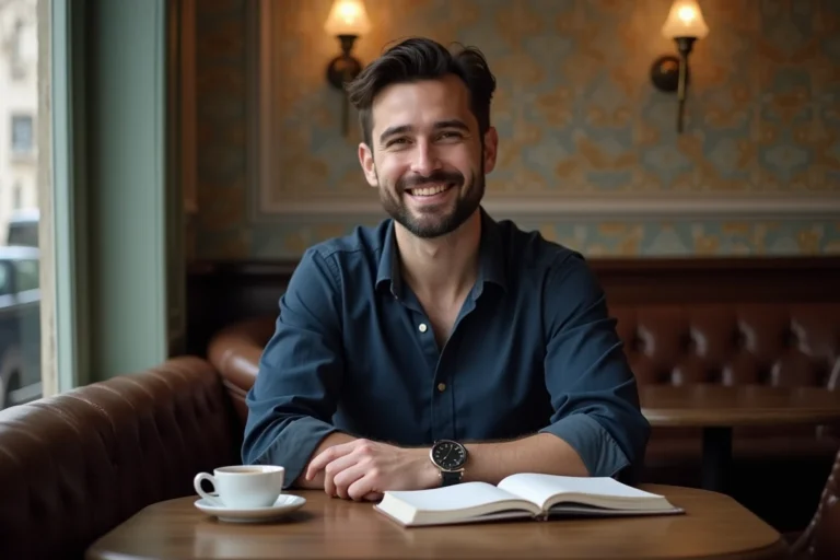 Homme prénommé Antoine assis dans un café parisien traditionnel avec un carnet ouvert et un espresso, souriant naturellement