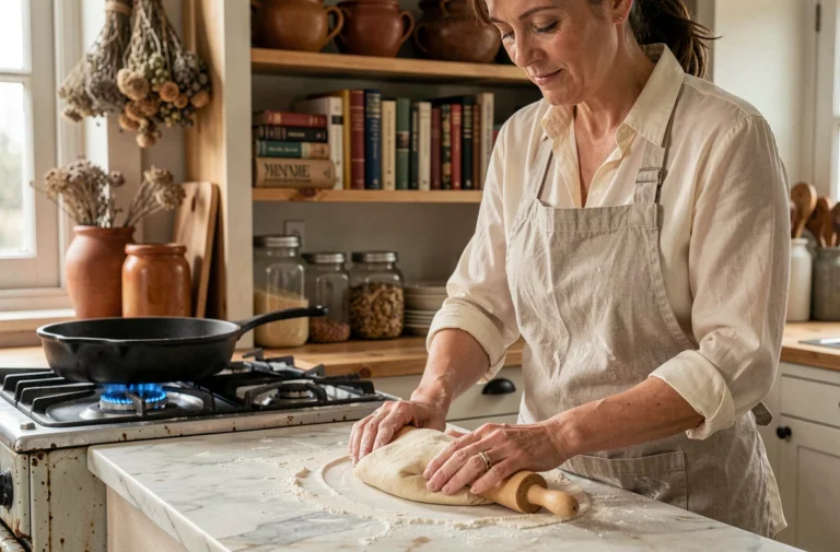 Femme préparant des pâtes fraîches maison sur un plan de travail en marbre dans une cuisine rustique chaleureuse