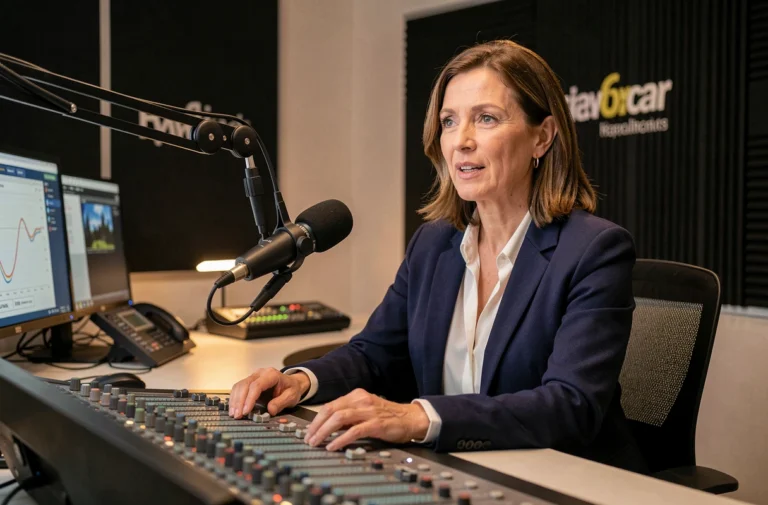 Présentatrice radio professionnelle au bureau de diffusion en studio RMC, illustrant le salaire et les revenus d'Apolline de Malherbe