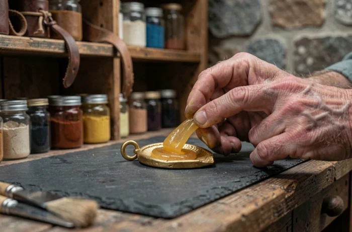 Mains artisanales appliquant une cire naturelle sur un pendentif en or végétal sur ardoise dans un atelier traditionnel