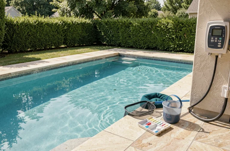 Piscine au sel avec eau claire et équipements d'entretien visibles au bord du bassin