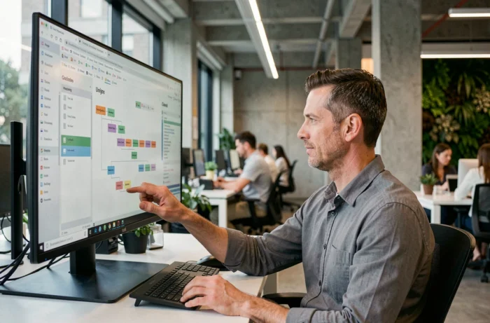 Fachmann, der die Struktur einer Web-Sitemap auf einem großen Bildschirm in einem Open-Space-Büro analysiert