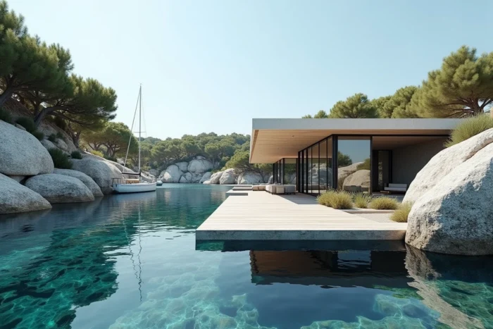 Propriété contemporaine en bord de mer en Corse avec ponton privé et yacht amarré dans le golfe du Valinco
