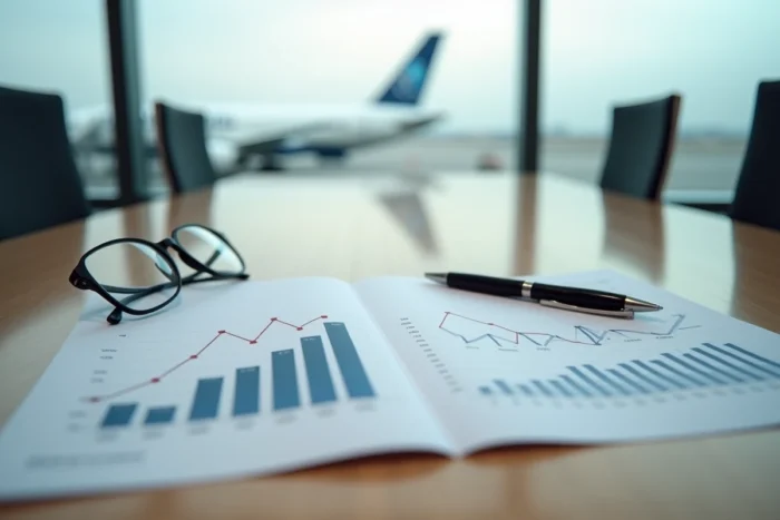 Rapport financier annuel ouvert sur une table en bois avec des graphiques de croissance illustrant les performances économiques d'Airbus