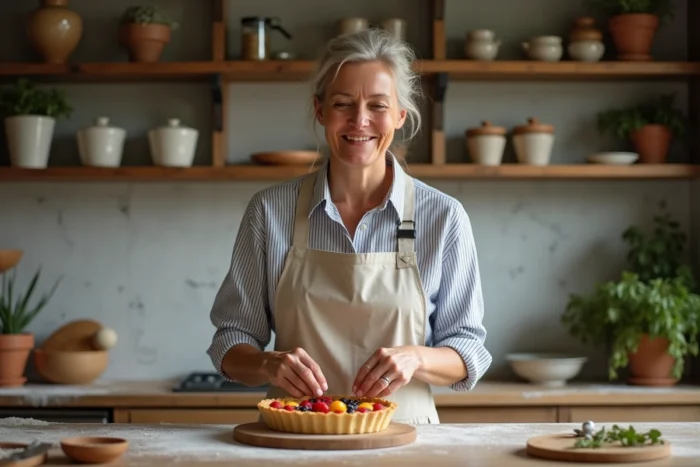 Femme préparant une tarte aux fruits colorée dans une cuisine rustique chaleureuse