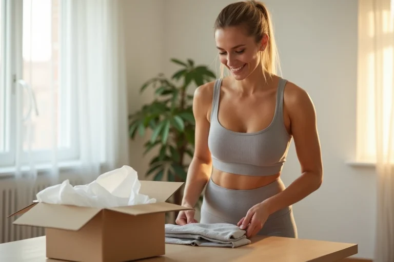 Femme inspectant des vêtements de sport Halara reçus en livraison, posés sur une table en bois dans un appartement moderne