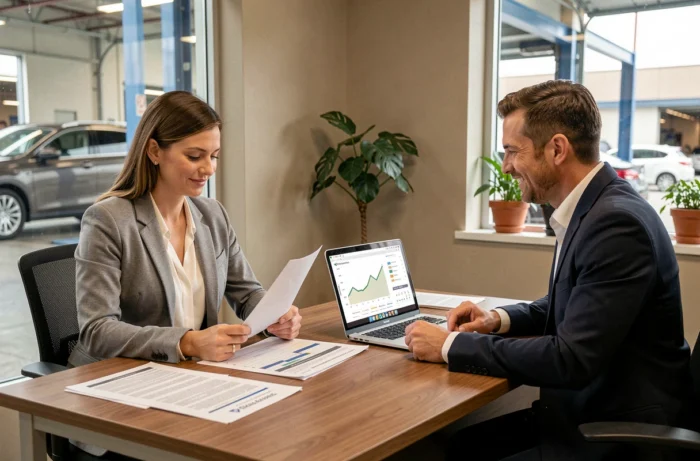 Consulente finanziario e proprietario di garage in riunione di consulenza per ottimizzare le finanze dell'azienda